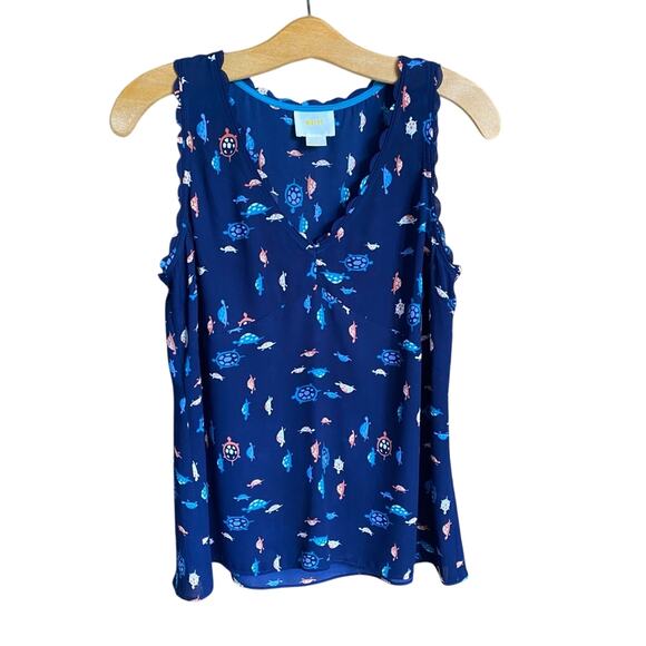 Maeve Sleeveless Blue and White Tank Top with Playful Novelty Turtle Pattern 6 - Picture 1 of 8